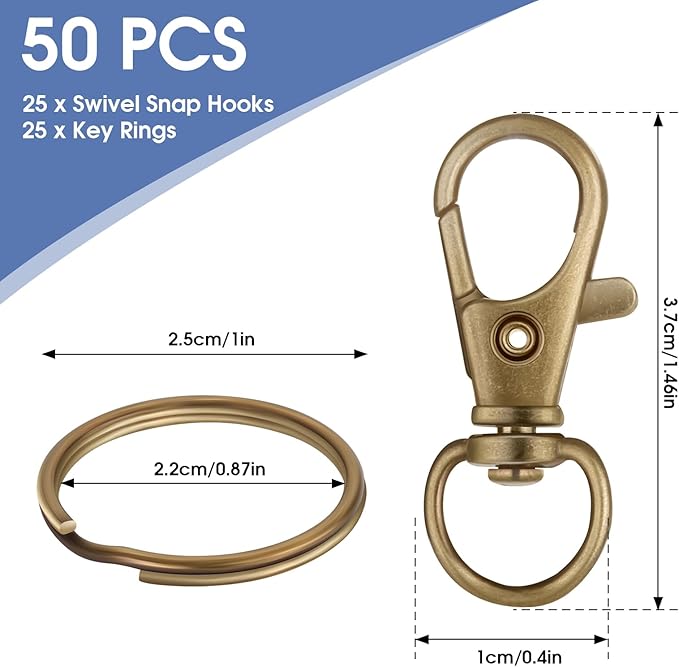 50 PCS in 25 Sets, Metal Swivel Lobster Claw Clasps, Keychain Clasp with Large Key Ring, Premium Keychains Clips, Snap Hooks and Sturdy Key Rings, for Keychain Bracelet, Crafts, HnoaTovy (Bronze)
