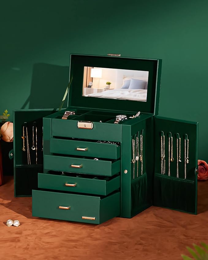 Homde Synthetic Leather Huge Jewelry Box Mirrored Watch Organizer Necklace Ring Earring Storage Lockable Gift Case (Forest Green + Gold)