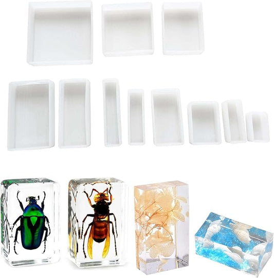 Cotsdan 11Pcs Cube Molds for Resin Hexahedron Crystal Polyhedral Mold Square Rectangular Molds Silicone Cube Casting Molds for Insect Plant Specimen Candle Wax, Soap Display Tray Molds Kit 11 Sizes