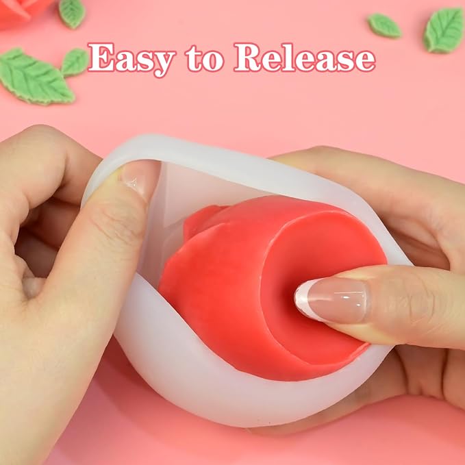 ZQYSING 4 Pack Rose Candle Molds with Leaf Mold, Set of Large + Medium + Small 3D Flower Silicone Molds for Candles Epoxy Resin Casting Wax Soap Clay Plaster Home Décor Handmade Gift