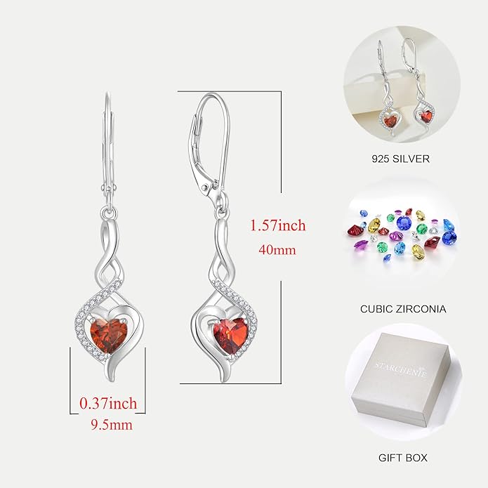 Starchenie Infinity Heart Earrings Sterling Silver Twisted Leverback Earring Gemstones Jewelry for Women