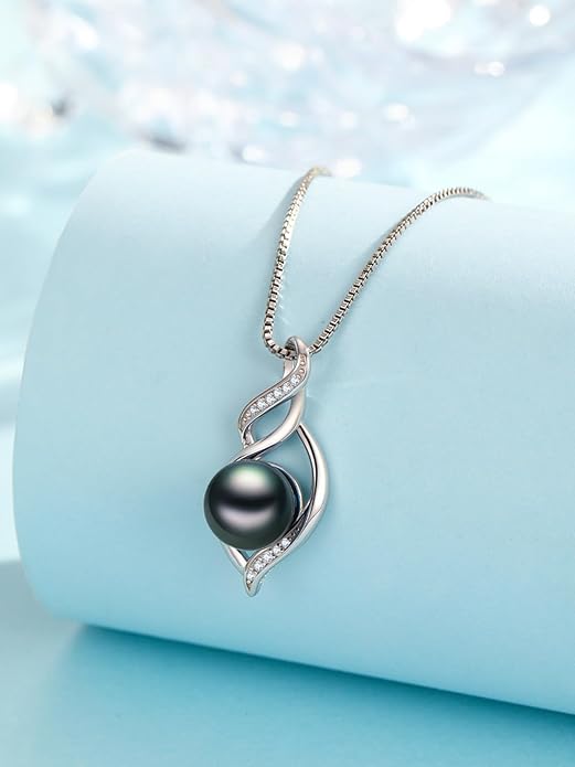 Tahitian Black Pearl AAAA 18K Gold Plated Sterling Silver Pendant Necklace for Women Wife Mom Girlfriend Valentine Her Jewelry Gift for Anniversary Birthday Christmas