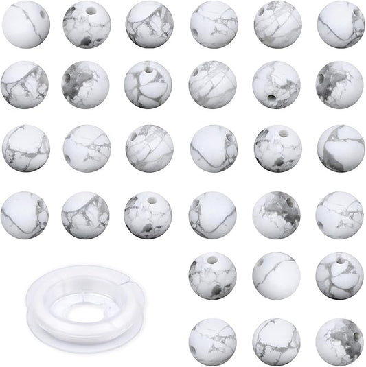 Natural Stone Genuine Stones DIY Matte White Howlite Round Beads 8mm 100pcs Beading Loose Gemstone Hole Size 1mm Charm Smooth Beads for Bracelets Necklaces Earrings (Matte White Howlite 8mm)