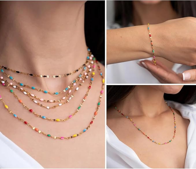 16.5FT 18K Gold PVD Plated Colorful Enamel Chain Roll, 2MM Rainbow Stainless Steel Enamel Lip Link Chains Spool Bulk for DIY Jewelry Making Necklace Bracelet