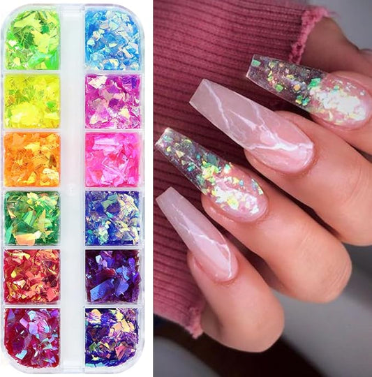 Vezocim Iridescent Glitter Nail Art Sequins, Holographic Transparent Irregular Ultra Thin Nail Art Glitter Flakes Designs, Mermaid Nail Glitter Acrylic Supplies Decorations for Women Manicure Art
