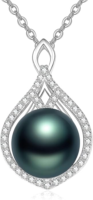Freshwater Black Pearl Necklace for Women 18K White Gold Plated Sterling Silver 8-10mm AAAA Engagement Wedding Jewelry Anniversary Wedding Birthday Gifts for Mom Mother Wife
