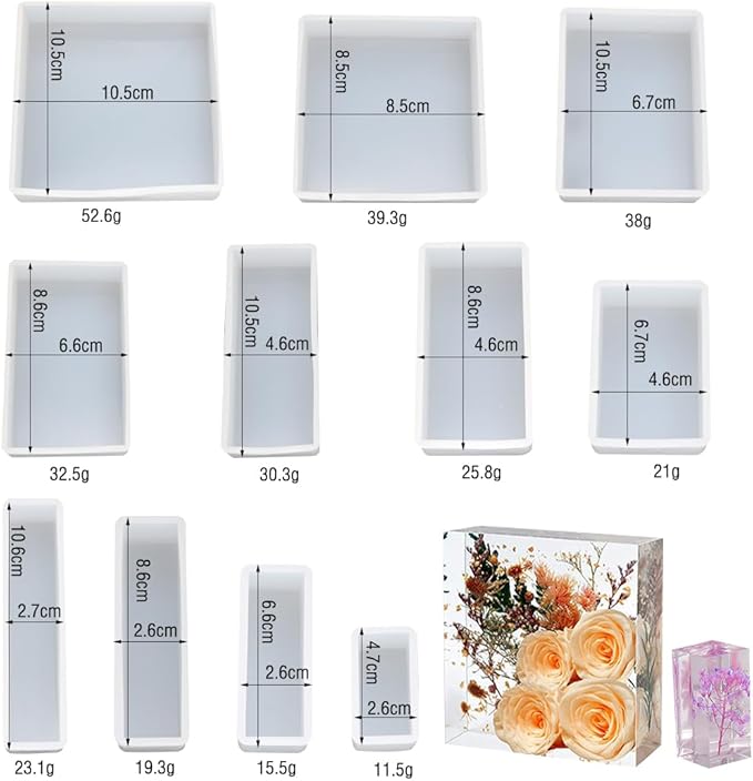 11pcs Resin Molds Cube Hexahedron Molds Crystal Square Rectangular Resin Art Display Mold 11 Sizes UV Epoxy Resin Silicone Molds Home Office Décor