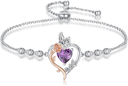 TOUPOP Rose Heart Birthstone Bracelet 925 Sterling Silver Butterfly Heart Bracelet Love Jewelry for Women Anniversary Valentines Day Birthday Gifts for Her Wife Mom