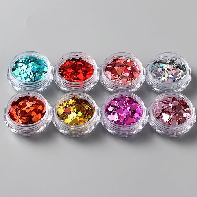 Holographic Valentines Nail Glitter Foils, 8Colors Sparkly Ultra-Thin Foil Nail Art Flakes Design, Laser Heart Nail Sequins Acrylic Supplies for Women Girls Manicure Charms Decor, DIY 3D Nail Art Tips