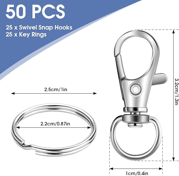 50 PCS in 25 Sets, Metal Swivel Lobster Claw Clasps, Keychain Clip with Large Key Ring, Premium Keychains Clips, Snap Hooks and Sturdy Key Rings, for Key Chain Making Kit，HnoaTovy (Silver)