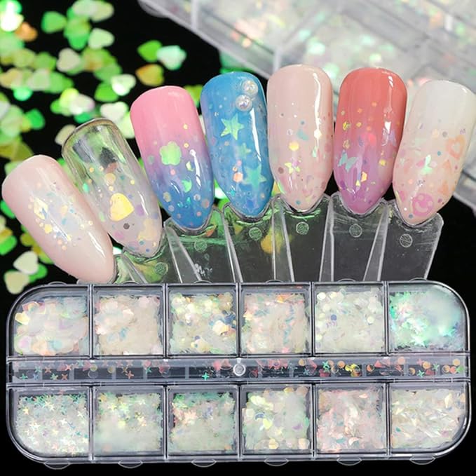 24 Grids Holographic Nail Sequins and 1 Pcs Tweezers,Iridescent Mermaid Flakes Ultra-Thin Colorful Flakes Glitter Sticker,DIY Face Body Eyes for Nail Art Decoration