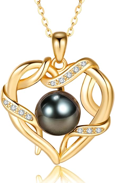 Christmas Gifts for Women- Tahitian Black Pearl- Heart Necklace- Wife Mom Girlfriend Her- Anniversary Birthday- Mothers Day Valentine's Jewelry Gifts Real 9-10mm Pearl Pendant