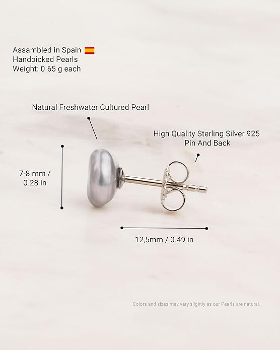 Woman Pearl Earrings Freshwater Cultured Keshi Pearls in White and Gray by SECRET & YOU | Sterling Silver 925 | Available in 10 sizes from 7-8 mm to 15-16 mm