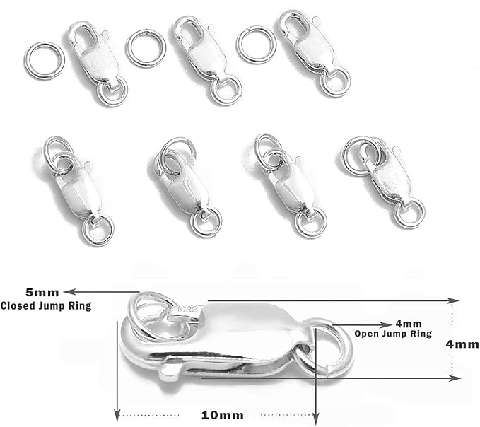10 Sets fine 925 Sterling Silver Safty Lobster Claws Rectangle Clasps with conned Jump Rings Connect Necklace or Bracelet (Rectangle 10mm)