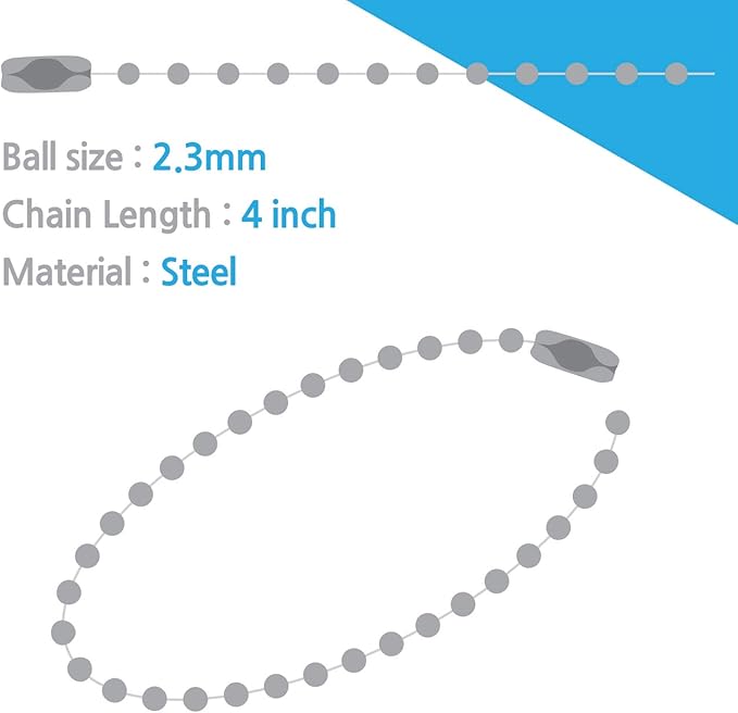 50-Pack 4-Inch Ball Chains with Connectors, 2.3mm Stainless Steel Beaded Chain for Dog Tags, ID Labels, Crafts, Keychains, Fan Pulls