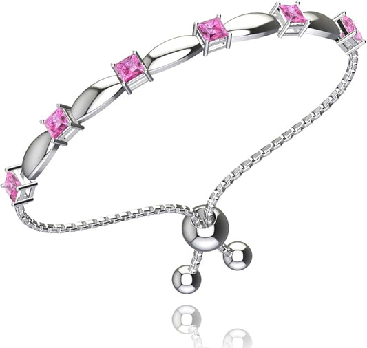 Fine Bracelet Tennis Style Pull String Birthstone Jewelry Gift for Women 925 Sterling Silver Square Sparkling Bolo Gemstone Jewelry Adjustable Bracelets