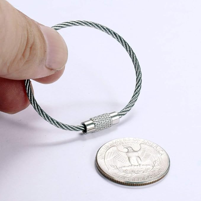 bayite Pack (100) Stainless Steel Wire Keychains Cable, Key Rings, Heavy Duty Luggage Tags Loops Tag Keepers 2mm Twist Barrel (Cable Length: 4.7 inches)