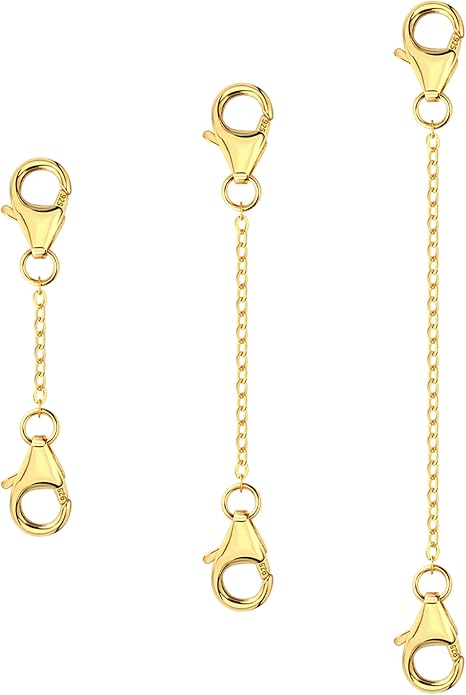 3 Pcs 925 Sterling Silver Necklace Extenders Gold Plated Durable Strong Removable Necklace Bracelet Anklet Extension Chain Extenders for Jewelry Making 1 2 3 Inch
