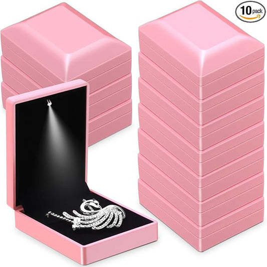Landical 10 Pcs Pendant Necklace Box with LED Light Velvet Necklace Case for Pendant Bracelet Ring Earring, Jewelry Storage(Pink)