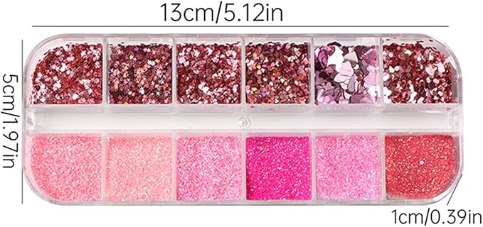 Valentines Holographic Nail Glitter Foils, 12Grid Pink Sparkly Ultra-Thin Foil Nail Art Flakes Design, Laser Nail Sequins Acrylic Supplies for Women Girls Manicure Charms Decor, DIY 3D Nail Art Tips
