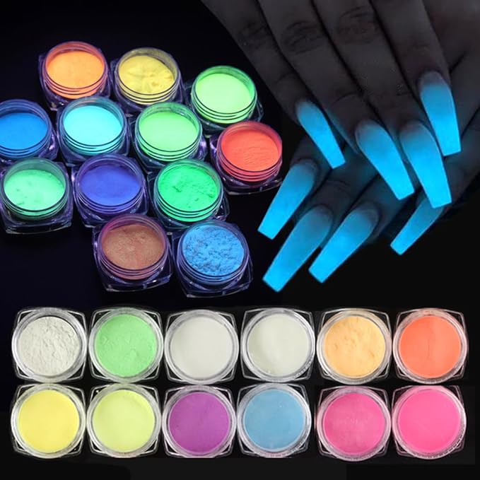 12 Colors Glow in The Dark Powder, Luminous Pigment Powder Fluorescent Neon Phosphor Glitter Dust for Gel Polish Nail Art Decoration, Resin Craft