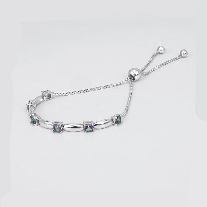 Fine Bracelet Tennis Style Pull String Birthstone Jewelry Gift for Women 925 Sterling Silver Square Sparkling Bolo Gemstone Jewelry Adjustable Bracelets