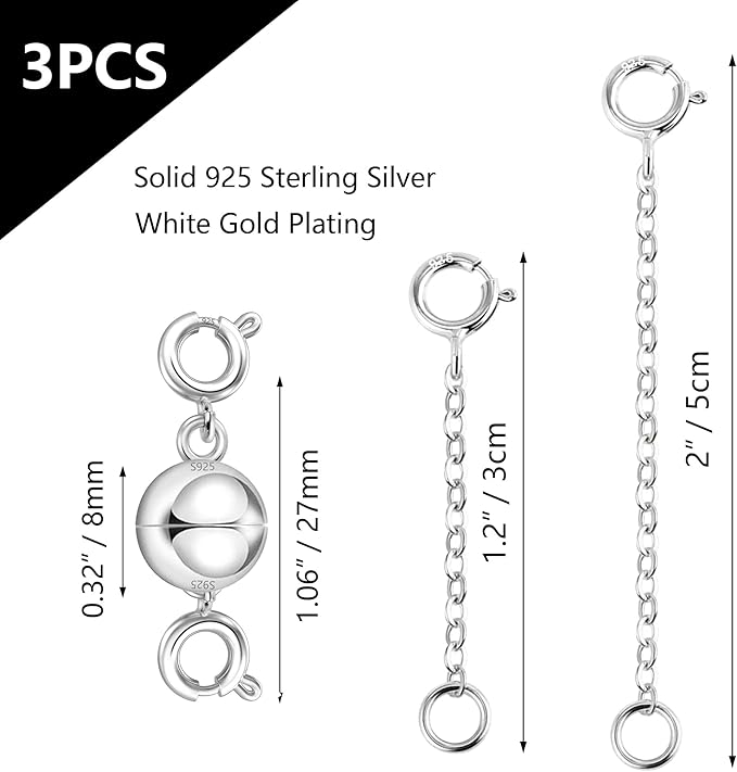 Silver Necklace Extender, 925 Sterling Silver Magnetic Necklace Clasps and Closures, Silver Double Magnetic Clasps Necklace Bracele Connector Extenders Extension Chains for Jewelry Making