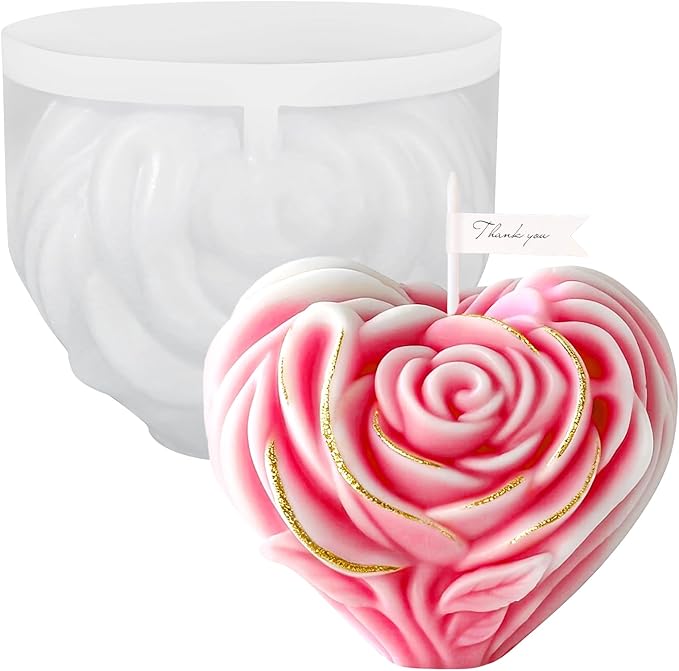 ZQYSING Rsoe Candle Molds, 3D Heart Shaped Rose Flower Silicone Molds, Valentine's Day Heart Mold, DIY Aromatherapy Candle Clay Craft Soap Plaster Crafts Casting