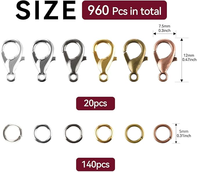 960Pcs Lobster Claw Clasps and Open Jump Rings Set,Lobster Clasps for Jewelry Making, Keychains,Bracelet and for DIY Bracelet Necklace Jewelry Making