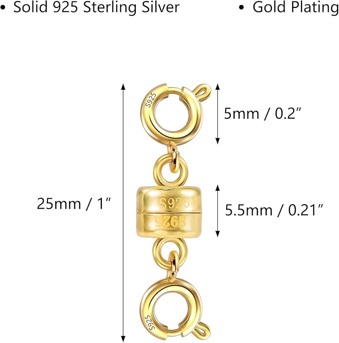 925 Sterling Silver Magnetic Necklace Clasps and Closures, 14K Gold Plated Spring Clasps Magnetic Connector Clasp for Bracelet Anklet Neckalce DIY Jewelry Making Supplies