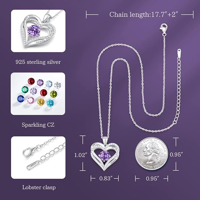 CDE Valentine's Day Gift Forever Love Heart Necklaces for Women, Wedding Anniversary, Birthday Mothers Christmas Day Gifts for Mom, Mother, Wife, S925 Silver Jewelry with Birthstone Pendant