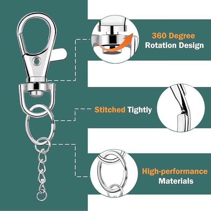 100 Pcs Lanyard Snap Hooks and Key Rings with Chain and Jump Rings for Keychain Lanyard DIY Jewelry Crafts Accessories Silver(50 Swivel Snap Hooks +50 Flat Key Ring with Chains)