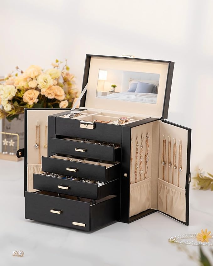 Homde Valentine's Day Gifts Synthetic Leather Huge Jewelry Box Mirrored Watch Organizer Necklace Ring Earring Storage Lockable Gift Case (Black + Gold)