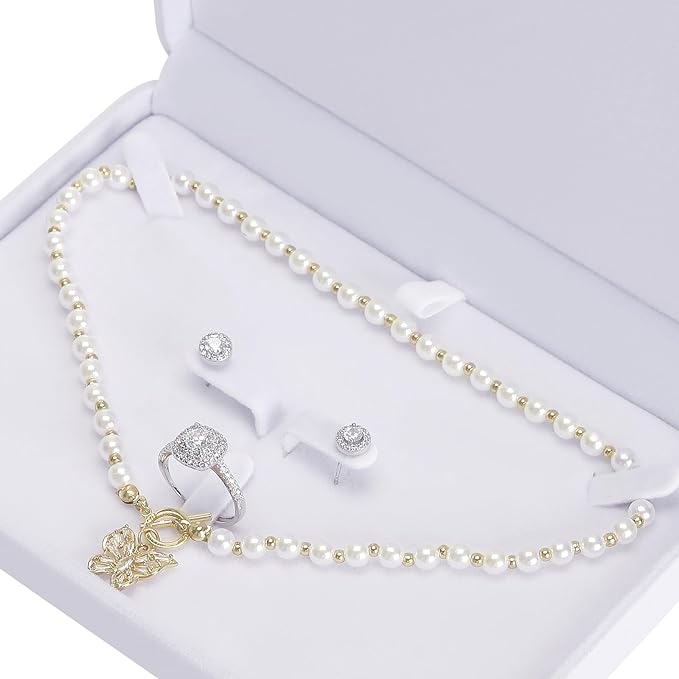 LETURE Large Velvet Jewelry Set Box, Big Necklace and Ring Earring Pendant Gift Box, Pearl Necklace/Chunky Necklace Jewelry Storage Case (White)