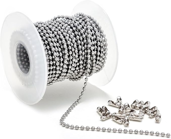 30 Feet – 2.3mm Ball Chain with 20 Connectors, Stainless Steel Roll for Dog Tags, Jewelry Making, Keychains, Fan Pulls, DIY Crafts