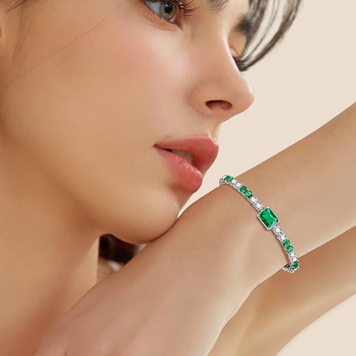 Birthstone Bracelets for Women Birthday Gifts 4CT Radiant Cut Birthstone 4mm Sterling Silver White Gold Tennis Bracelets for Women Round Cut 5A Cubic Zirconia Bezel Setting 7 Inch