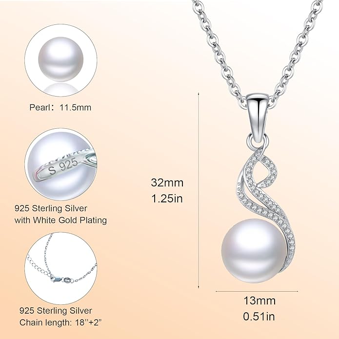Pearl Pendant Necklace for Women,925 Sterling Silver Pendant Jewelry,Anniversary Christmas Birthday Valentines Gifts for Wife, Mom, Dauhter, Girlfriend,Her