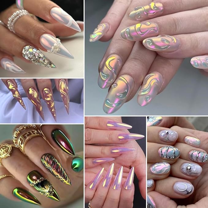 4 Colors Chameleon Chrome Nail Powder Kit, Metallic Mirror Effect Nail Glitter Aurora Iridescent Pearlescent Mermaid Pigment Dust for Gel Polish Nail Art Decoration, Resin Craft