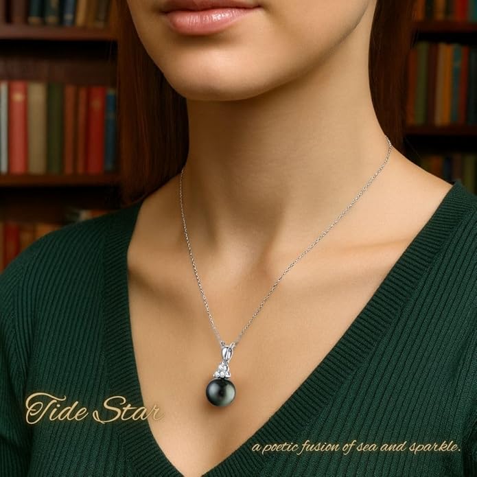 Lunar Belle Sterling Silver Black Pearl Pendant Necklace with Moissanite, Elegant Jewelry Birthday Gift for Women Girlfriend Wife Valentine's Day (Tide Star)