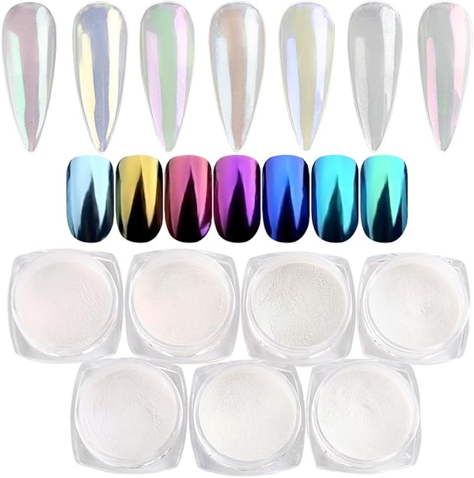 Pearl Chrome Nail Powder Set - 7 Colors Aurora Powder Mermaid Effect for Nails Iridescent Nail Glitter Shimmer White Rubbing Dust Nail Pigment Set Manicure Nail Art Decorations (B01-07)