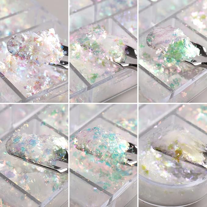 Holographic Nail Art Glitter Iridescent Flakes 12 Grids Mermaid Bright Colorful Star Gradient Ice Slag Nail Sequins Paillettes Summer Decoration