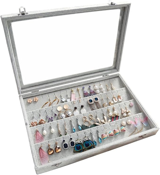Wudygirl Velvet Jewelry Organizer Clear Lid Earring Holder Organizer 32 Pairs Earrings Storage Stud Tray Showcase Display Case（Earring Storage）