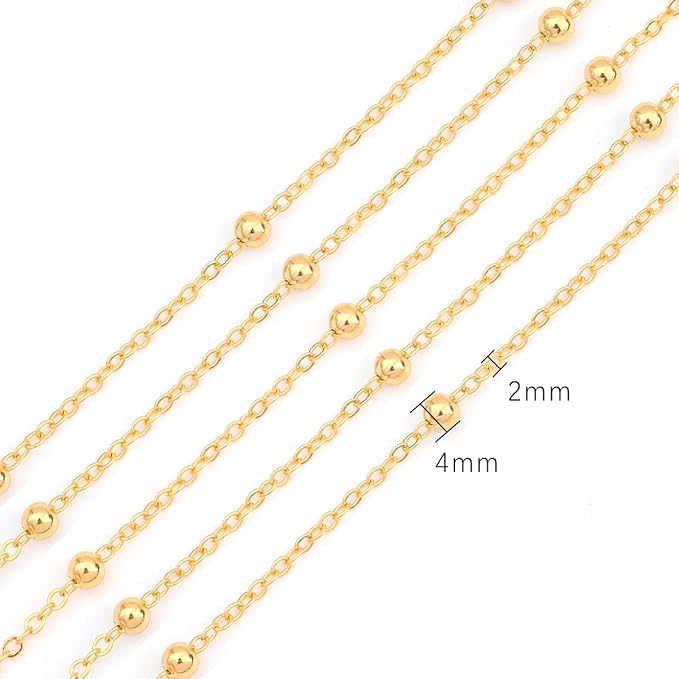 BEADIA 18K Gold Plated O Chains 2.0mm with 4mm Beads 2 Meters for Jewelry Making Findings