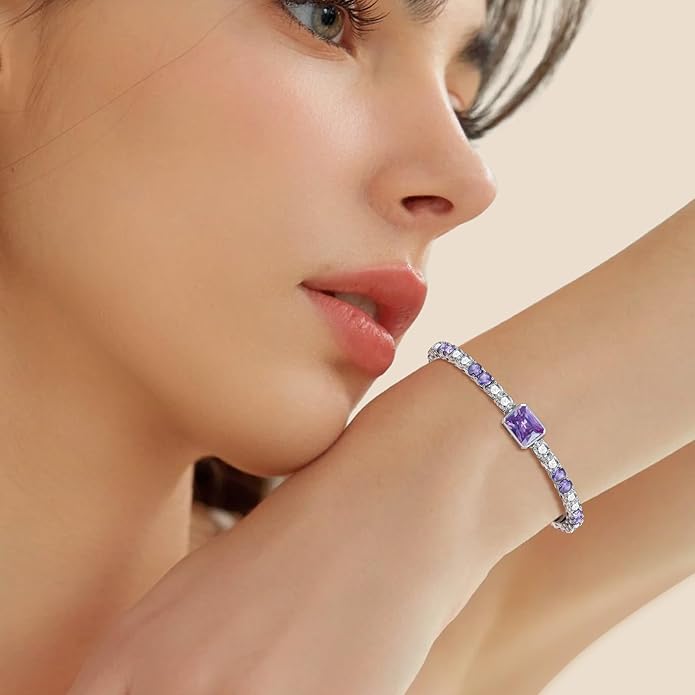 Birthstone Bracelets for Women Birthday Gifts 4CT Radiant Cut Birthstone 4mm Sterling Silver White Gold Tennis Bracelets for Women Round Cut 5A Cubic Zirconia Bezel Setting 7 Inch