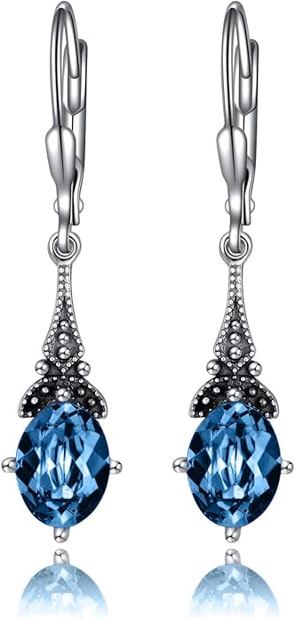 AOBOCO Vintage Earrings for Women Sterling Silver Retro Drop Dangle Leverback Earrings with 8x6mm Oval Genuine or Simulated Birthstone Crystal from Austria, Anniversary Jewelry Gifts for Her (Gift Box)