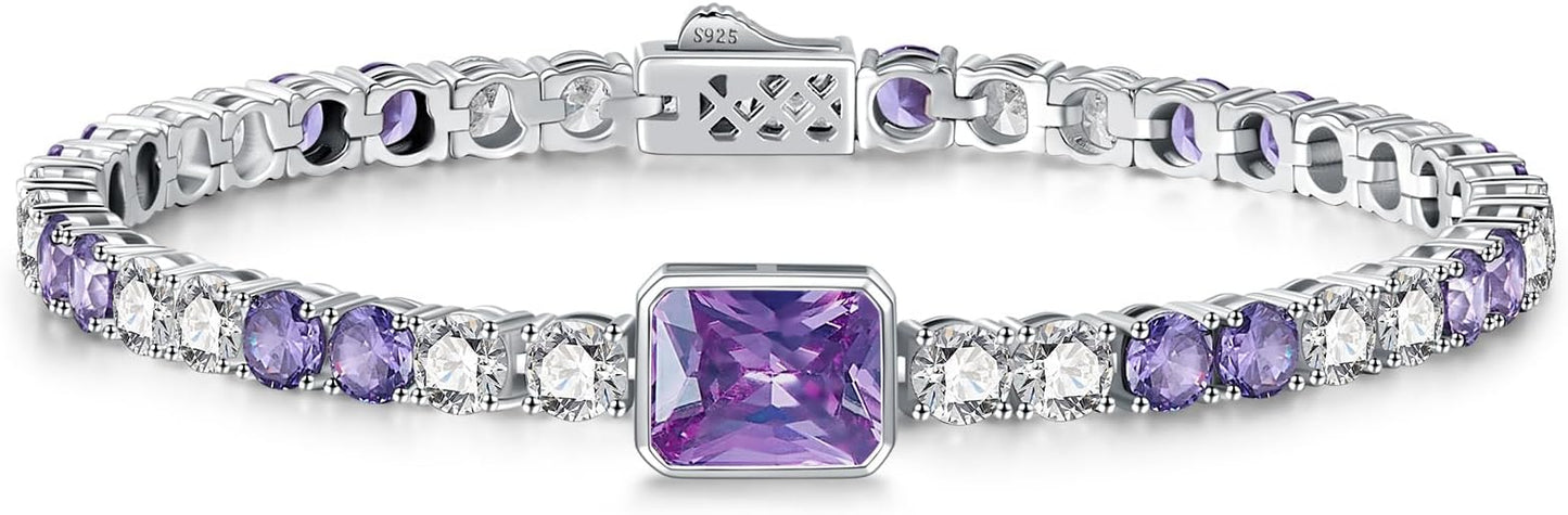 Birthstone Bracelets for Women Birthday Gifts 4CT Radiant Cut Birthstone 4mm Sterling Silver White Gold Tennis Bracelets for Women Round Cut 5A Cubic Zirconia Bezel Setting 7 Inch