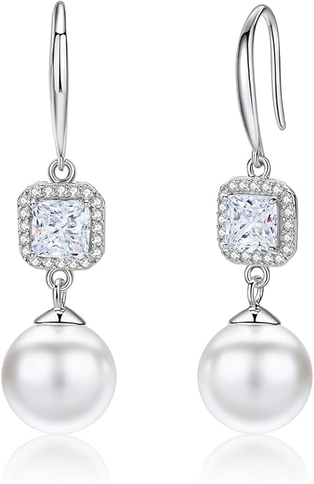 Pearl Drop Earrings 10mm White Round Pearl Hook Earrings, Sterling Silver with White Gold Plating/14k Gold Hypoallergenic Multiple CZ Styles Valentine's Day & Wedding Gifts Gold Jewelry for Women