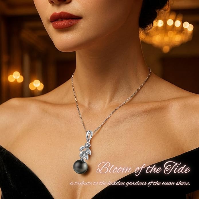 Lunar Belle Black Pearl Pendant Gift for Wife Women, 925 Sterling Silver Moissanite Setting, Fine Luxury Jewelry Graduation Birthday Girlfriend (Sea Fern Bloom)