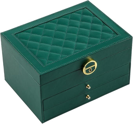 GUOER Jewelry Box for Women Girl Wife 3 Layers Large PU Leather Jewelry Organizer Storage Case with Two Layers Display for Earrings Bracelets Rings Watches (Green)
