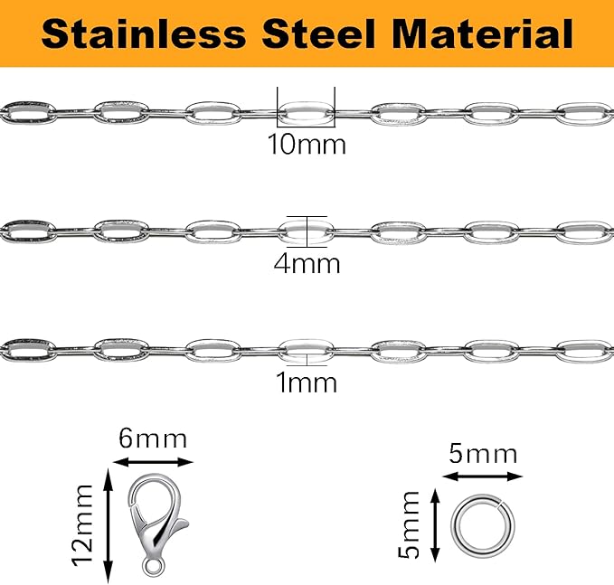 Jishi 16ft Paperclip Chain 4mm Silver Stainless Steel Paper Clip Link Chain Roll for Necklaces Jewelry Making Bracelet Craft Supplies DIY Earring Findings - Metal Jewelry Making Chain Links Bulk